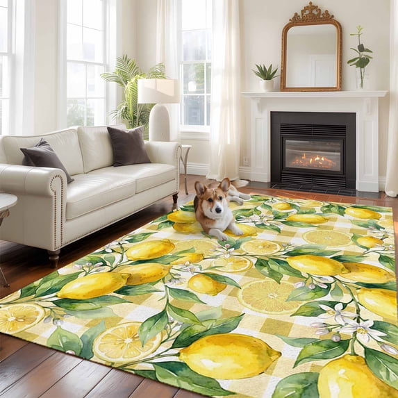 Summer Lemon Flower Area Rugs 5x7 ft Country Watercolor White Floral Yellow Plaid Washable Rug Non Slip Indoor Carpet Absorbent Floor Mat for Living Room Bedroom Dining Room