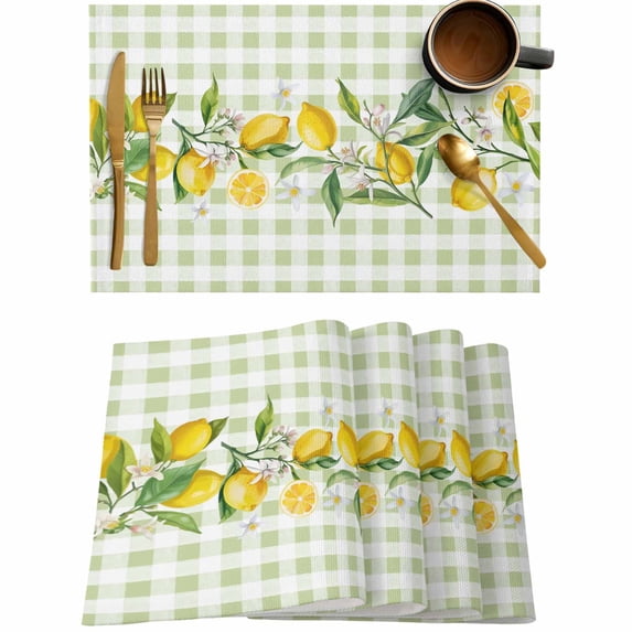 Summer Lemon Flower Green Buffalo Plaid Placemats Set of 4,Wipeable Washable Table Mats for Dining Tables,Farm Watercolor Leaves Place Mats for Kitchen Event Party Tabletop Decor