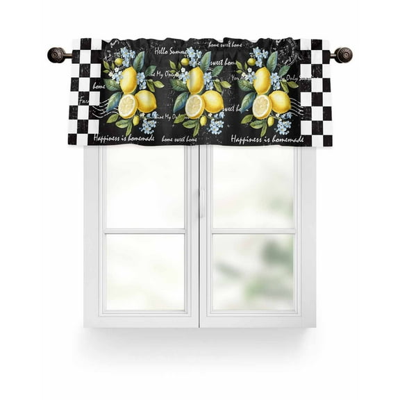 Summer Lemon Flower Leaves Curtain Valances,Black and White Checker Small Window Treatment for Kitchen Living Room Bathroom,42" x 18"