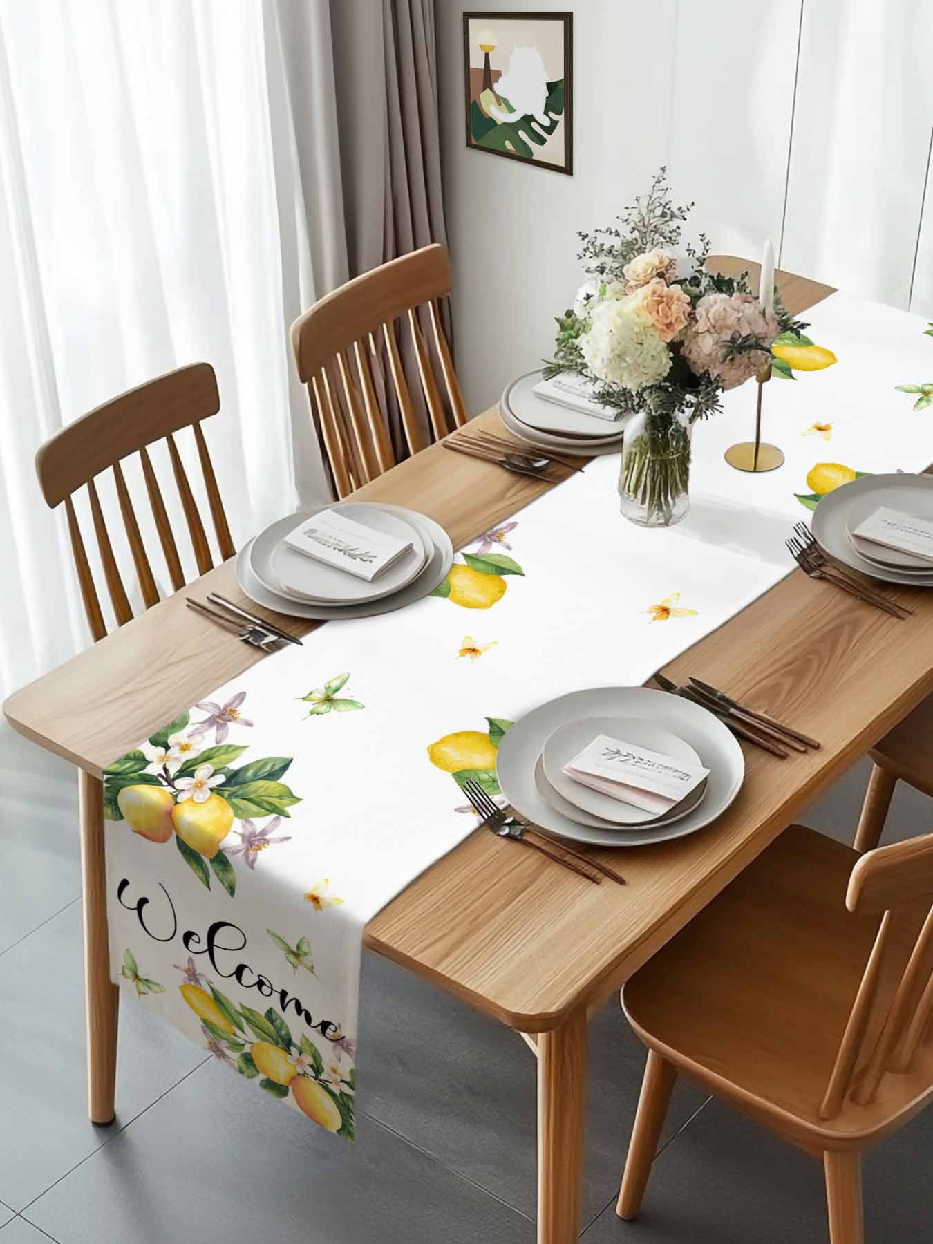 Summer Lemon Flower Leaves Table Runner 90 Inches Long, Butterfly Welcome Quote Table Runners Tabletop Scarf Kitchen Dining Tables Decoration for Home Party Indoor Outdoor