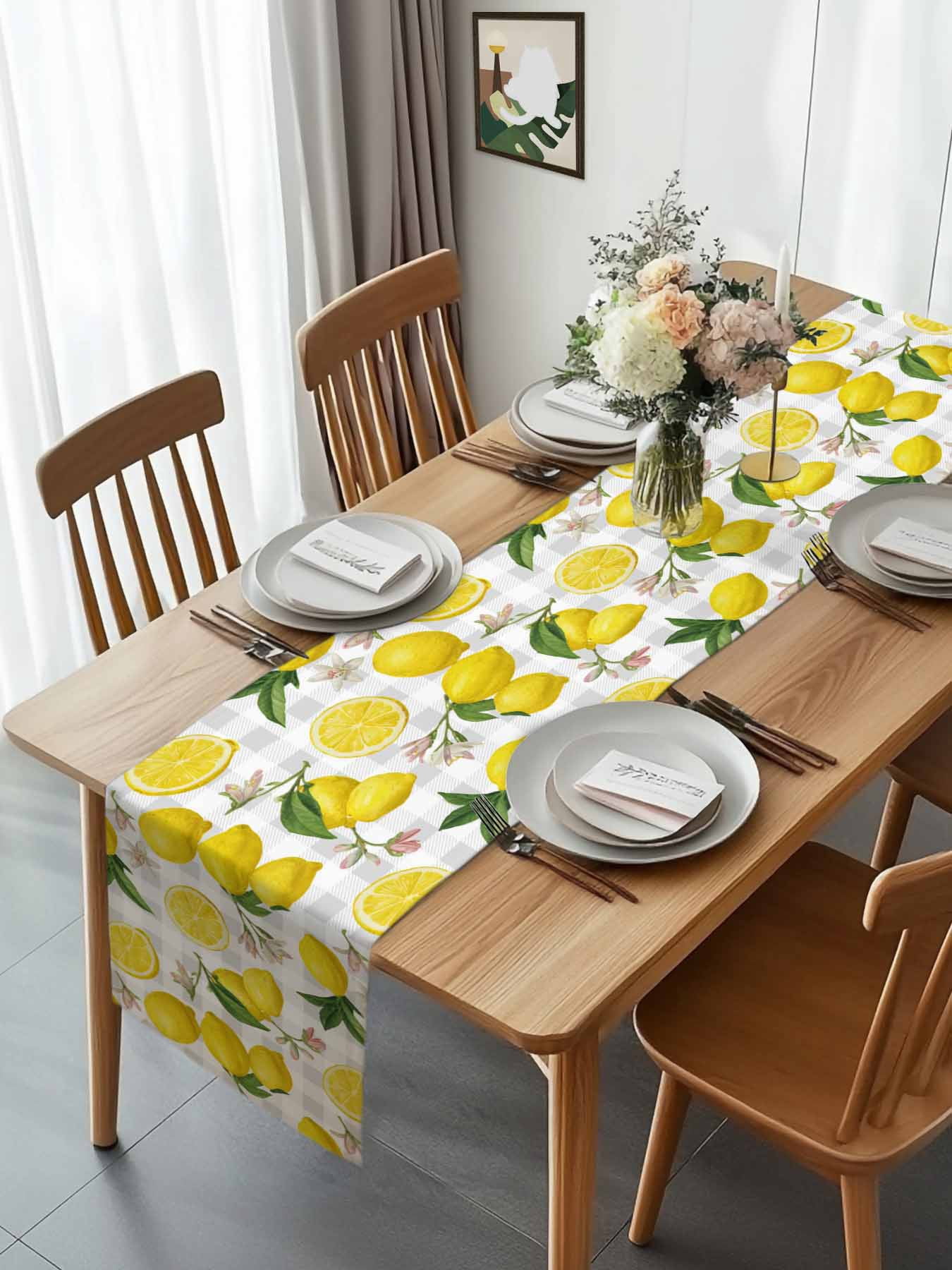 Summer Lemon Flower Leaves Table Runner 90 Inches Long, Grey White Plaid Lattice Table Runners Tabletop Scarf Kitchen Dining Tables Decoration for Home Party Indoor Outdoor