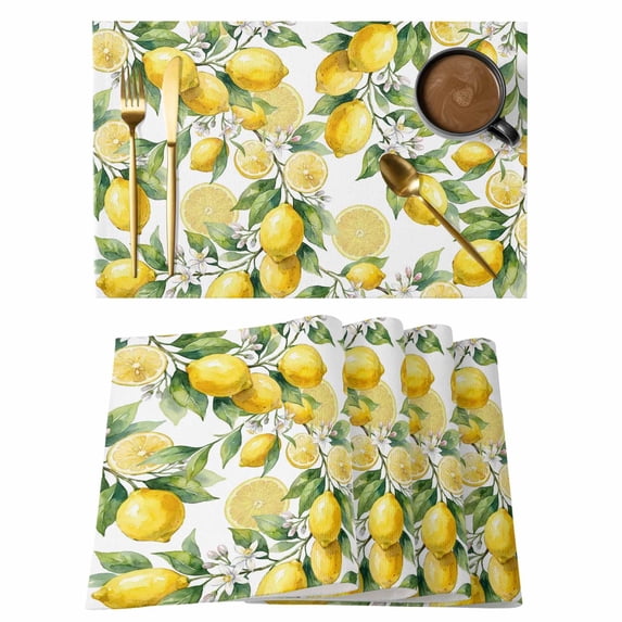 Summer Lemon Flower Placemats Set of 6, Country Vintage Watercolor White Floral Non-Slip Place Mats Washable Table Mats for Kitchen Dining Table Decorations Indoor/Outdoor