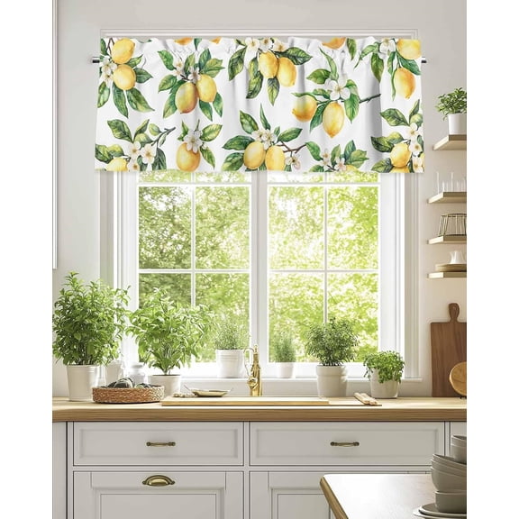 Summer Lemon Flower Window Valance,Watercolor Plant Privacy Panel Rod Pocket Curtain Valance for Kitchen,Farm Fruit Green Leaf Short Curtain Toppers Window Treatment 54x18in