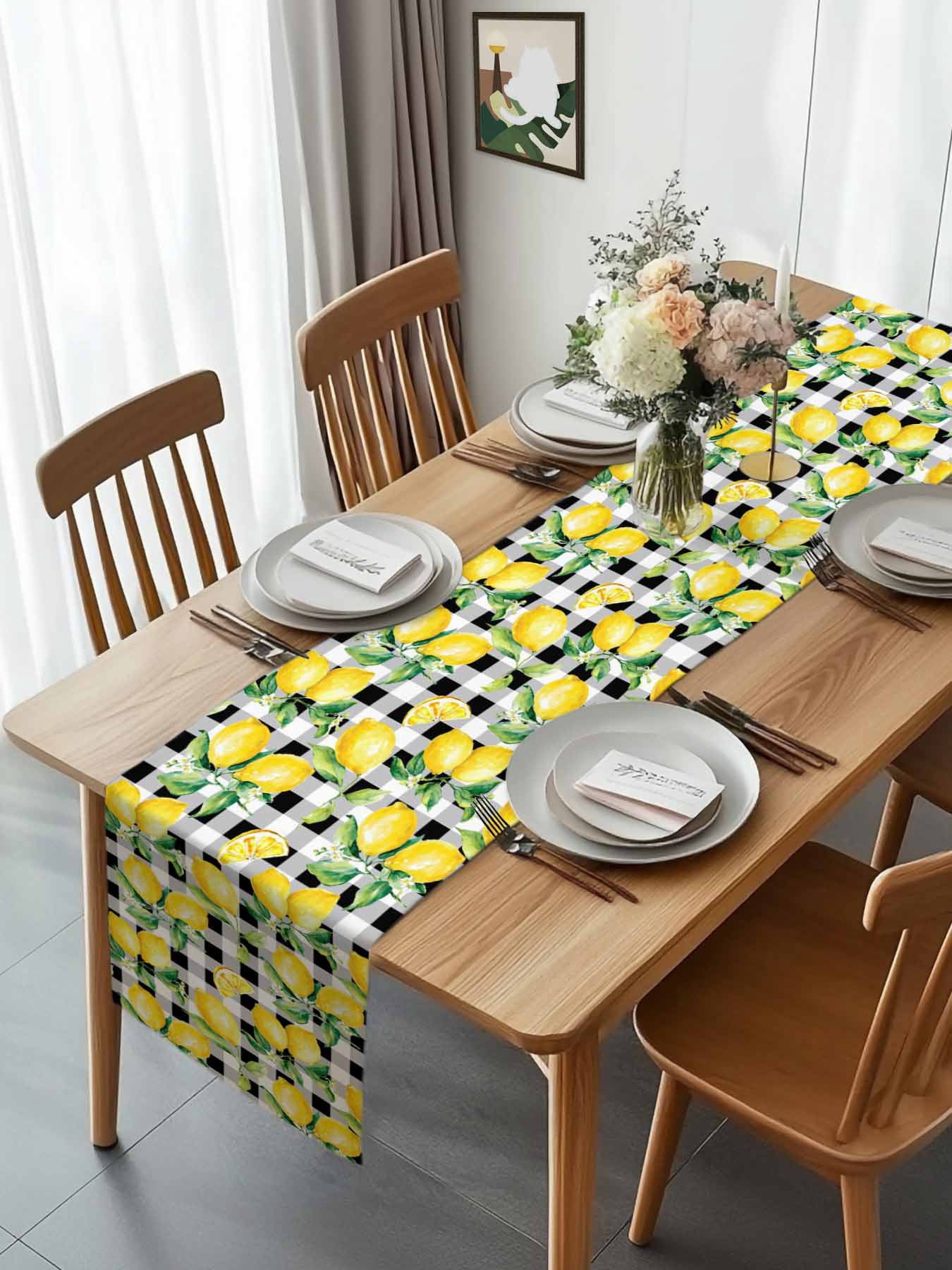 Summer Lemon Fruit Farm Harvest Table Runner 90 Inches Long, Black White Buffalo Plaid Table Runners Tabletop Scarf Kitchen Dining Tables Decoration for Home Party Indoor Outdoor