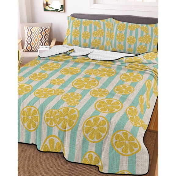 Summer Lemon Full Size Down Alternative Comforter, Lightweight Comforter Quilt Bedding Set with Pillow Shams Farmhouse Green Stripes Yellow Fruit All Seasons Bed Comforter Duvet Insert 78"x90"