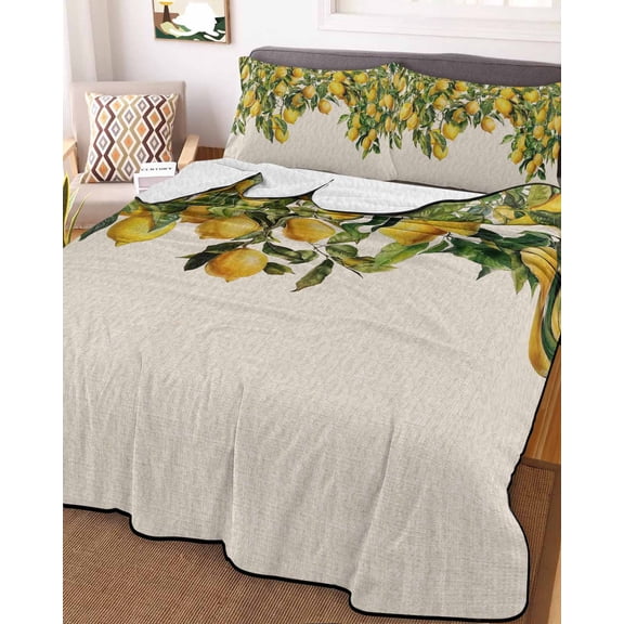 Summer Lemon Full Size Down Alternative Comforter, Lightweight Comforter Quilt Bedding Set with Pillow Shams Green Botancial Summer Yellow Fruits Rustic All Seasons Bed Comforter Duvet Insert 78"x90"