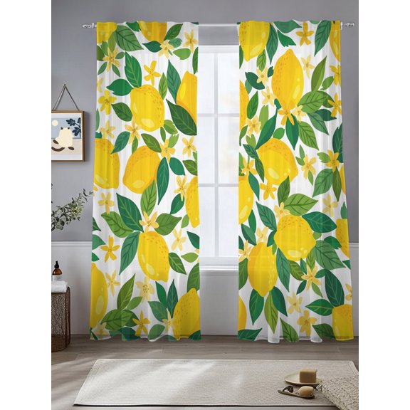 Summer Lemon Green Botanical Chiffon Sheer Curtains 84 Inches Long Watercolor Yellow Lemons Rod Pocket Window Curtains Voile Drapes Curtains for Living Room Bedroom,2 Panels