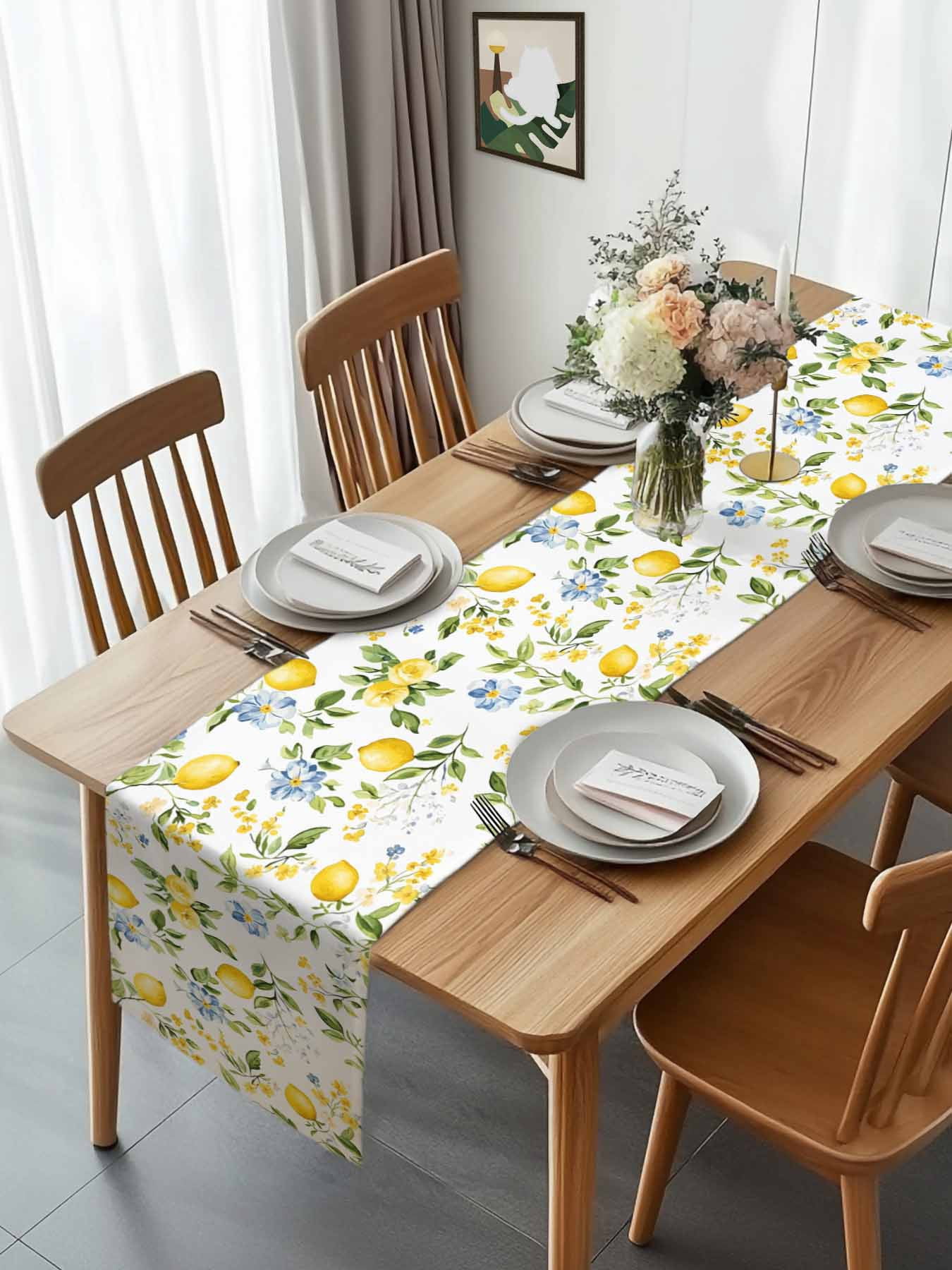 Summer Lemon Green Leaves Table Runner 90 Inches Long, Blue Flower on White Table Runners Tabletop Scarf Kitchen Dining Tables Decoration for Home Party Indoor Outdoor
