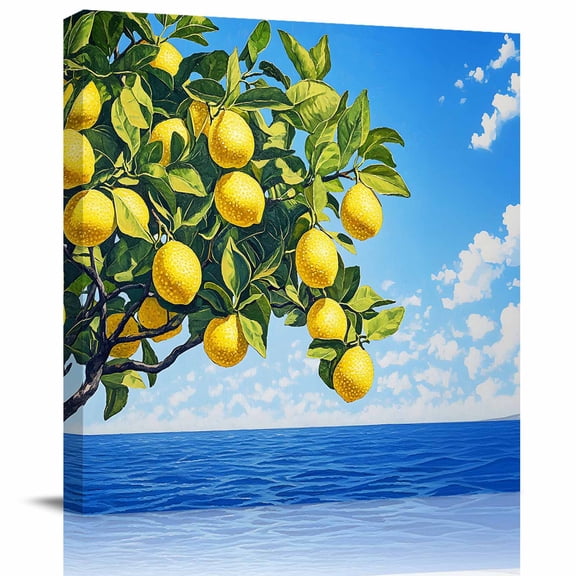 Summer Lemon Green Leaves Watercolor Canvas Artwork Painting Art, Dark Blue Sea Sky Square Framed Wall Decorations Prints Picture for Bedroom Kitchen Living Room, 12x12 in
