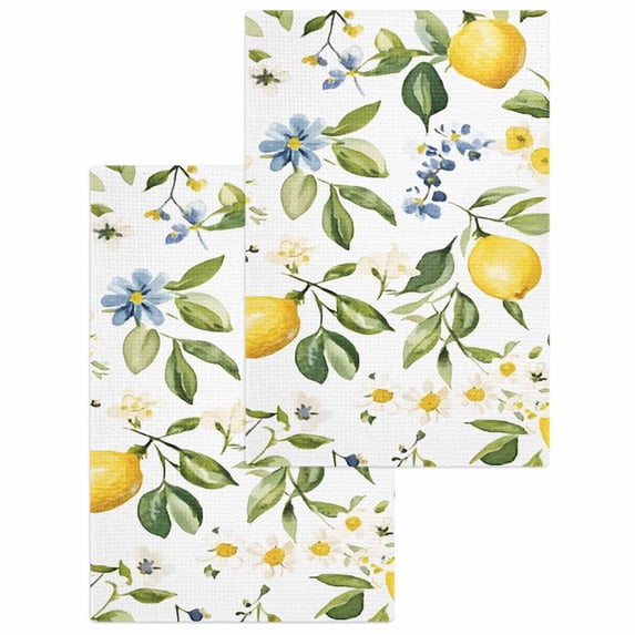Summer Lemon Hand Towels Set, Waffle Weave Kitchen Towels 2 Pieces, Yellow Botanical Spring Floral Blue Microfiber Hair Face Bath Tea Towel Absorbent Quick Drying Cleaning Dish Cloths, 15.7"x23.6"