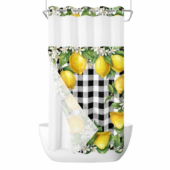 Summer Lemon No Hook Shower Curtain with Snap in Liner Watercolor White Floral Flower Farmhouse Black White Plaid Waterproof Bathroom Shower Curtain with See Through Top Window for Bathtub 54" x 78"