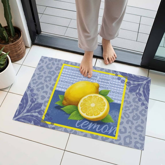 Summer Lemon Indoor Door Mat 20x31.5 Inch Purple Leopard Print Pop Art Retro Front Door Mat Non Slip Washable Entryway Rug Low Profile Dirt Trapper Doormat for Bathroom Kitchen Bedroom