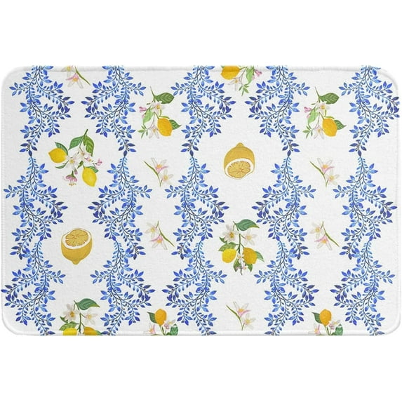 Summer Lemon Indoor Doormat Absorbent Floor Mats, Navy Blue Spring Floral Botanical Doormat Non-Slip Entrance Front Door Rug Kitchen Bathroom Entryway Rugs 16x24 Inch