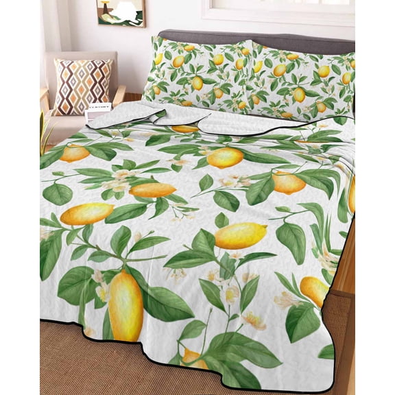 Summer Lemon King Size Down Alternative Comforter, Lightweight Comforter Quilt Bedding Set with Pillow Shams Green Botanical Watercolor Fruits All Seasons Bed Comforter Duvet Insert 96"x106"