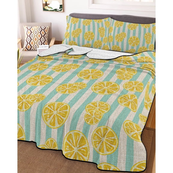 Summer Lemon King Size Down Alternative Comforter, Lightweight Comforter Quilt Bedding Set with Pillow Shams Rustic Green Stripes Spring Yellow Fruit All Seasons Bed Comforter Duvet Insert 96"x106"