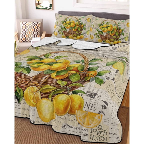 Summer Lemon King Size Down Alternative Comforter, Lightweight Comforter Quilt Bedding Set with Pillow Shams Watercolor Yellow Fruits Botanical Vintage All Seasons Bed Comforter Duvet Insert 96"x106"