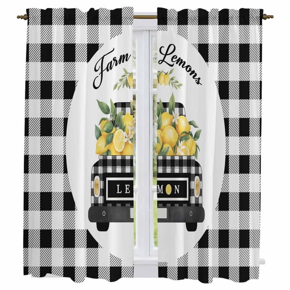 Summer Lemon Kitchen Curtains 63 Inch Length, Watercolor Truck Yellow Fruits Black Plaid Tiers Curtains for Living Room Berdoom Bathroom, Light Filtering Drapes Window Treatment 2 Panels 42"Wx63"L
