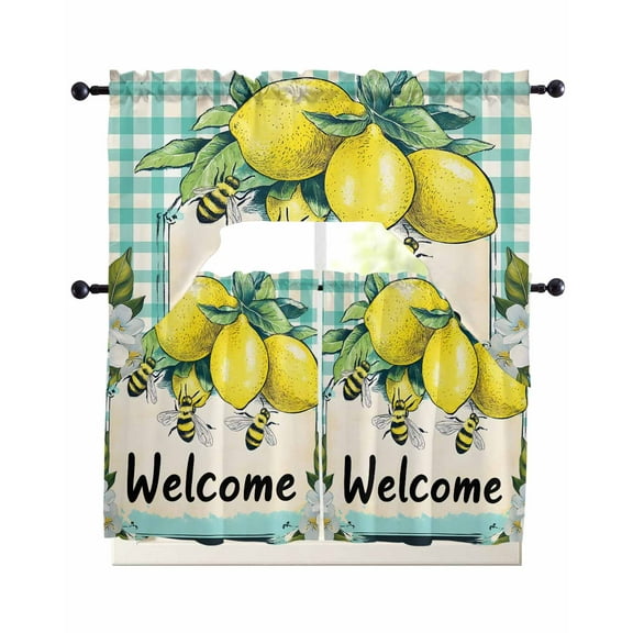Summer Lemon Kitchen Curtains Sets 36 Inch Length with Valance, Spring Bees Turquoise Plaid Swag Valances and Tiers Curtain Set Drapes Swag Curtains for Living Room, Bathroom, Bedroom, Cafe