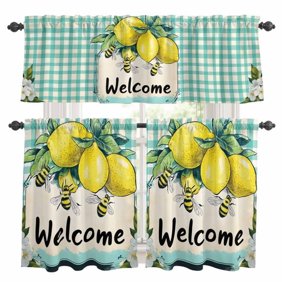 Summer Lemon Kitchen Curtains Sets for Windows 24 Inch Length, Spring Bees Turquoise Plaid Rod Pocket Window Treatments Tier Curtains and Valances Set for Bedroom/Bathroom