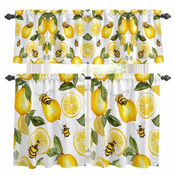 Summer Lemon Kitchen Curtains Sets for Windows 36 Inch Length, Bee Green Botanical Yellow Fruits Rod Pocket Window Treatments Tier Curtains and Valances Set for Bedroom/Bathroom