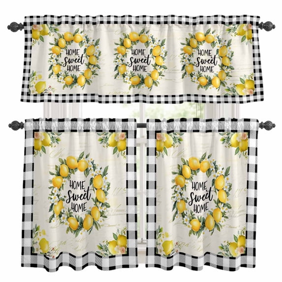 Summer Lemon Kitchen Curtains Sets for Windows 36 Inch Length, Yellow Botanical Checkered Farmhouse Buffalo Rod Pocket Window Treatments Tier Curtains and Valances Set for Bedroom/Bathroom
