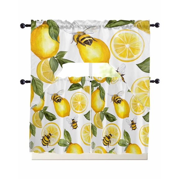 Summer Lemon Kitchen Curtains Swag Valance and Tier Curtains Set 24 Inch Length, Bee Green Botanical Yellow Fruits Rod Pocket Drape Panels Pair Swag Curtain for Bathroom/Cafe/Window