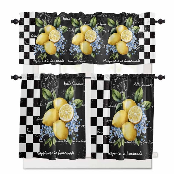 Summer Lemon Kitchen Curtains Valances and Tiers Set of 3, 24 Inch Length Tier Curtains and Valance Rod Pocket Valance Curtains Set for Kitchen Bathroom Small Windows