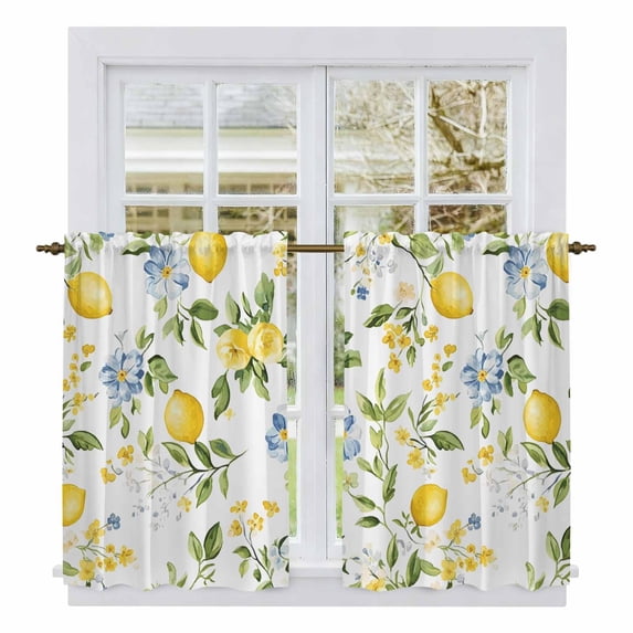 Summer Lemon Kitchen Curtains, Yellow Fruits Botanical Spring Floral Light Filtering Window Curtain Panels, 2Pcs Rod Pocket Window Treatments Set for RV Dining Room Study Room 42x54 Inches