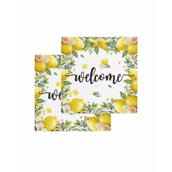 Summer Lemon Kitchen Dish Towels for Drying Dishes Set of 2, Spring Yellow Fruits Green Leaf Plant Waffle Weave Microfiber Terry Hand Tea Bathroom Towels Quick Dry & Absorbent Towel 12x12