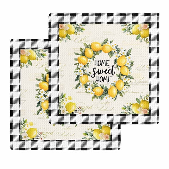 Summer Lemon Kitchen Dish Towels for Drying Dishes Set of 2, Yellow Botanical Checkered Farmhouse Buffalo Waffle Weave Microfiber Hand Tea Bathroom Towels Quick Dry & Absorbent Towel 12x12