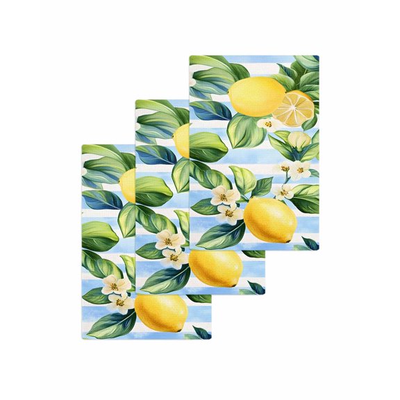 Summer Lemon Kitchen Dish Towels for Drying Dishes Set of 3, Watercolor Rustic Fruit Blue Striped Waffle Weave Microfiber Terry Hand Tea Bathroom Towels Quick Dry & Absorbent Towel 15.7x23.6