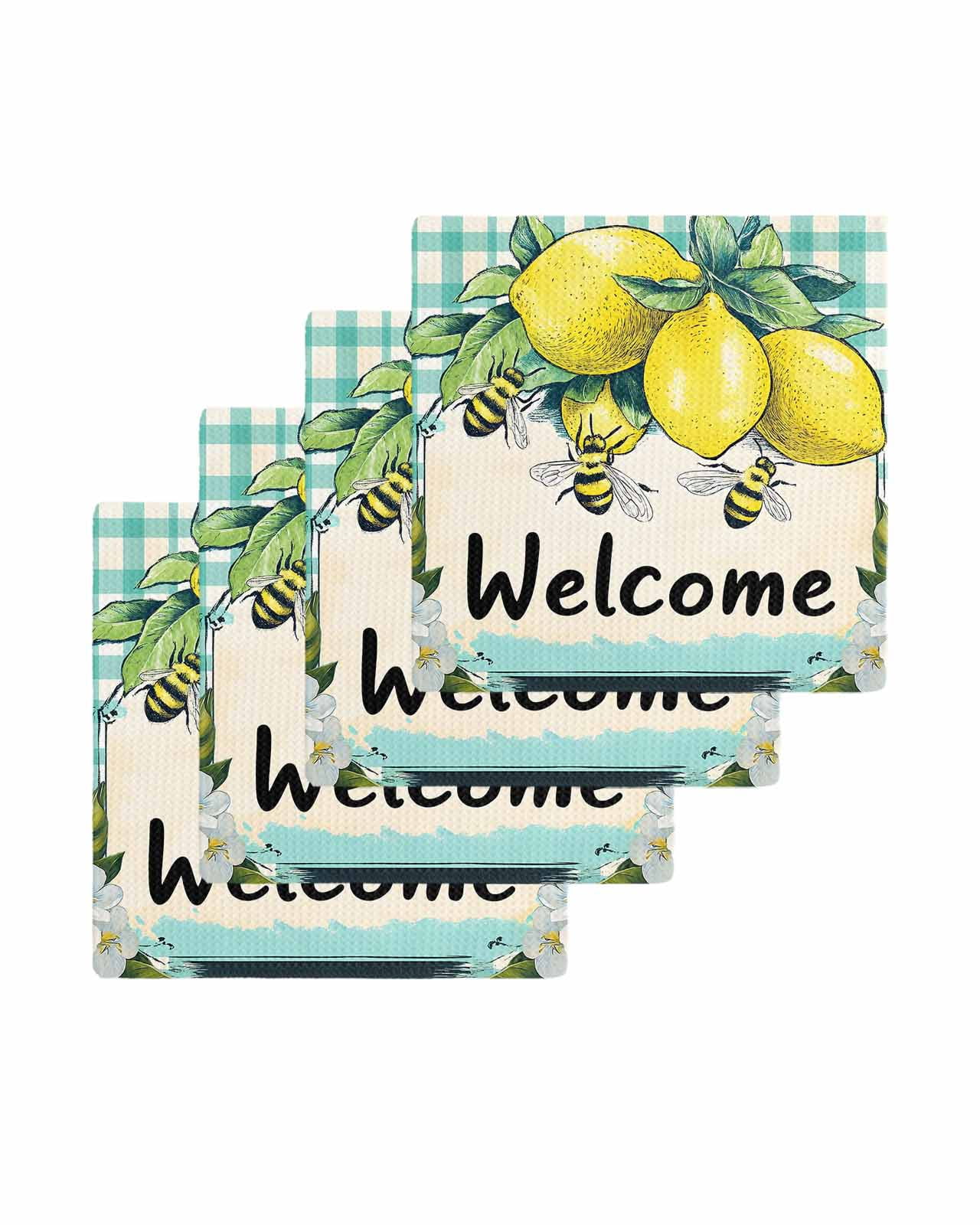 Summer Lemon Kitchen Dish Towels for Drying Dishes Set of 4, Spring Bees Turquoise Plaid Waffle Weave Microfiber Terry Hand Tea Bathroom Towels Quick Dry & Absorbent Towel 12x12