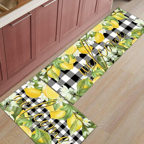 Summer Lemon Kitchen Mats 2 Piece, Lemon Green Leaves Flower Welcome Kitchen Rugs Set Buffalo Plaid Check Inside Floor Mat for Kitchen/Office/Entryway, 21.5" x 23.6"+21.5" x 47.2"