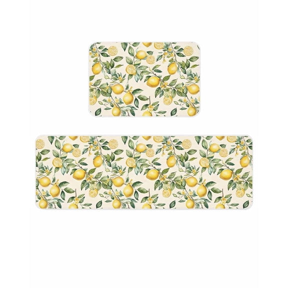 Summer Lemon Kitchen Mats for Floor 2 Piece, Yellow Flower Leaves Beige Absorbent Non-Slip Kitchen Rugs Comfort Standing Mat for Laundry, Hallways 20"x24"+20"x48"
