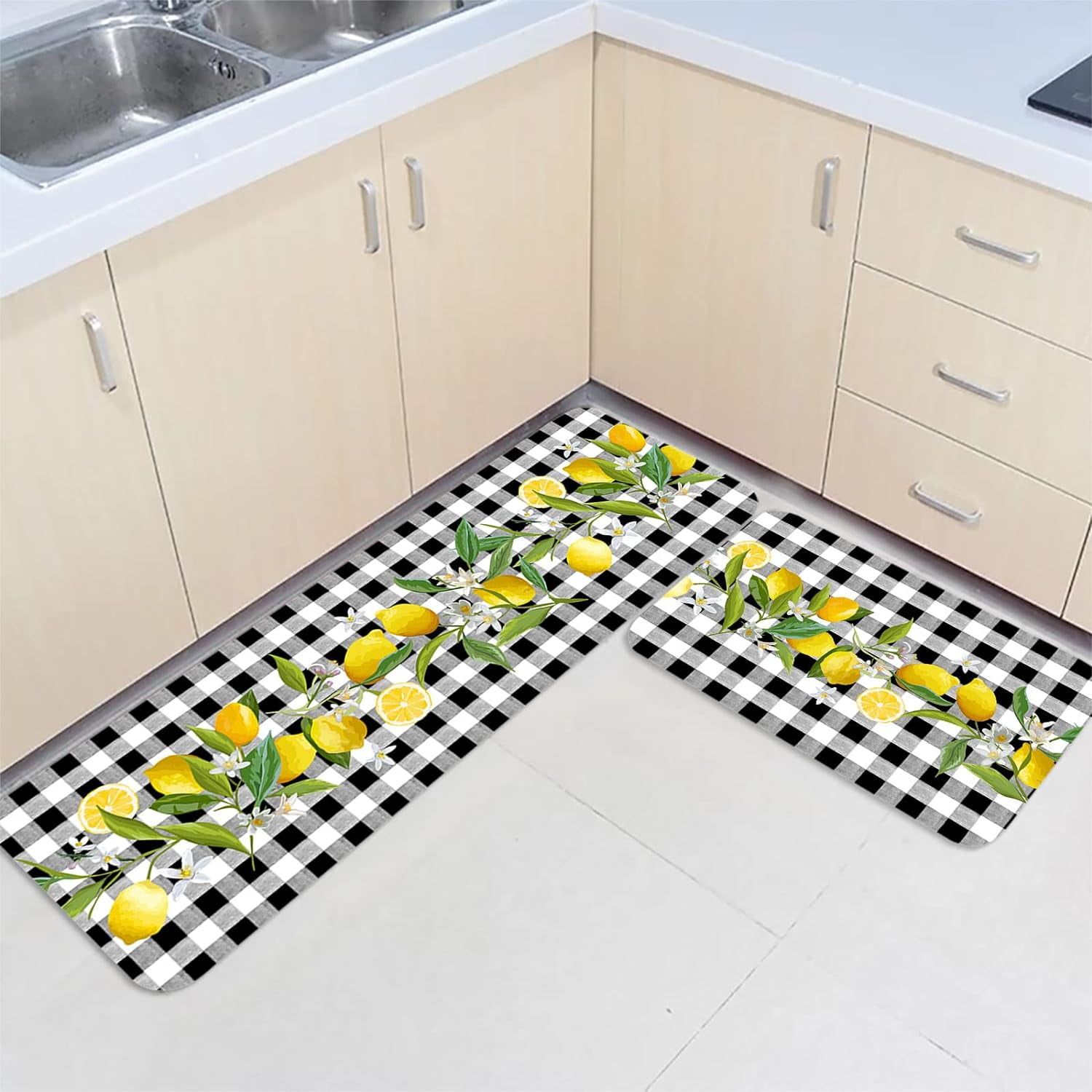 Summer Lemon Kitchen Rugs Set of 2 Floor Mats, Farmhouse Vintage Black