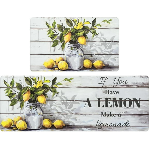 Summer Lemon Kitchen Rugs Sets of 2, Waterproof Kitchen Mats for Floor, Cushioned Anti Fatigue Mats for Kitchen Floor Mat, Kitchen Rugs Non Slip Washable 18'''' x 48'''' + 18'''' x 30''''