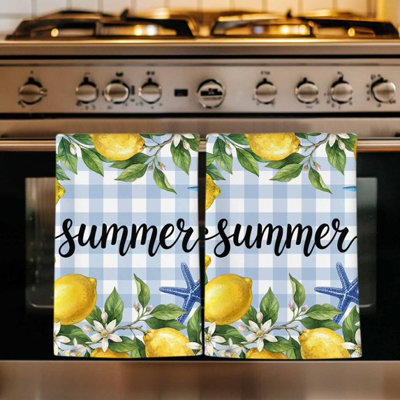 Summer Lemon Kitchen Towels Set of 2, Coastal Starfish Shells Pastoral Floral Blue Plaid Absorbent Dish Towels for Kitchen, Microfiber Hand Towel, Quick Drying Tea Towel for Cleaning Dishcloths