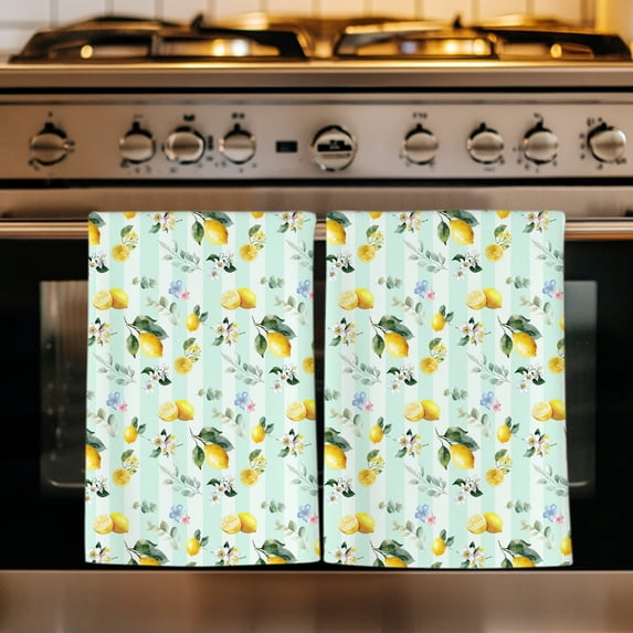 Summer Lemon Kitchen Towels Set of 2, Pastoral Leaves Fruits Country Plants Green Absorbent Dish Towels for Kitchen, Microfiber Hand Towel, Quick Drying Tea Towel for Cleaning Decorative Dishcloths