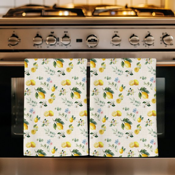Summer Lemon Kitchen Towels Set of 2, Pastoral Leaves Fruits Country Plants Pink Absorbent Dish Towels for Kitchen, Microfiber Hand Towel, Quick Drying Tea Towel for Cleaning Decorative Dishcloths