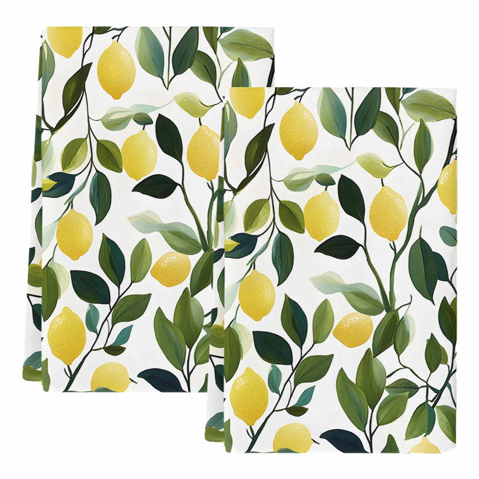 Summer Lemon Kitchen Towels Set of 2, Yellow Fruits Pastoral Green Botanical Soft Microfiber Dish Towels, Absorbent Quick-Dry Washable Dishcloths for Kitchen Cleaning, Drying Dishes, 18x28 Inches