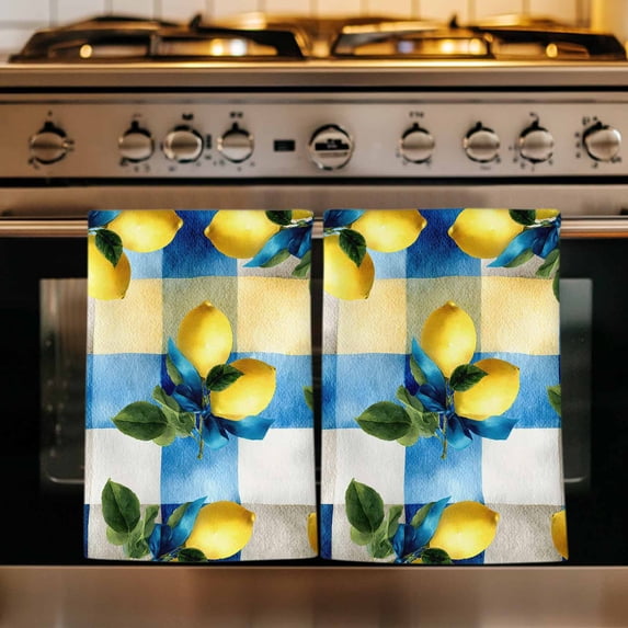 Summer Lemon Kitchen Towels Set of 2, Yellow Green Botanical Blue Plaid Vintage Absorbent Dish Towels for Kitchen, Microfiber Hand Towel, Quick Drying Tea Towel for Cleaning Decorative Dishcloths