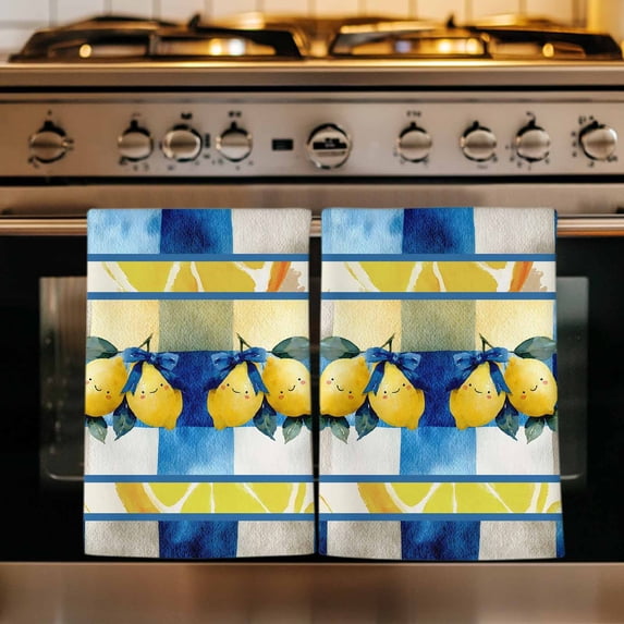 Summer Lemon Kitchen Towels Set of 3, Watercolor Bowknot Cute Lemons Blue Plaid Absorbent Dish Towels for Kitchen, Microfiber Hand Towel, Quick Drying Tea Towel for Cleaning Decorative Dishcloths