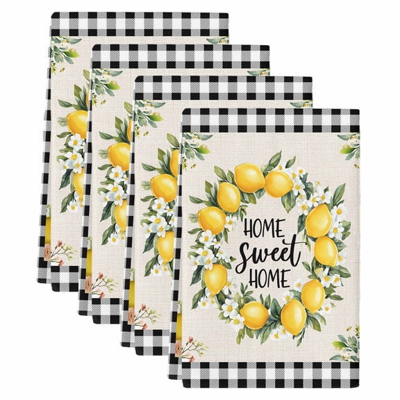 Summer Lemon Kitchen Towels Set of 4, Farmhouse Black Check Plaid Vintage Soft Microfiber Dish Towels, Absorbent Quick-Dry Washable Dishcloths for Kitchen Cleaning, Drying Dishes, 18x28 Inches