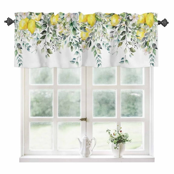 Summer Lemon Kitchen Valances for Windows 54x18 Inch Kitchen Curtains Valances Rod Pocket Spring Floral Eucalyptus Leaves Botanical Bathroom Window Valances for Window Treatment Decor