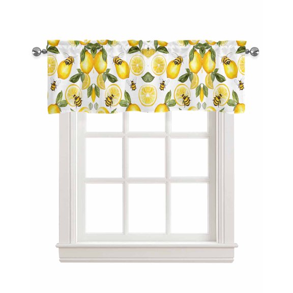 Summer Lemon Kitchen Valances for Windows Farmhouse Linen Window Valance Curtain for Living Room Window Treatment Bee Green Botanical Yellow Fruits Valance Rod Pocket Topper Drape, 54 x 18 Inch