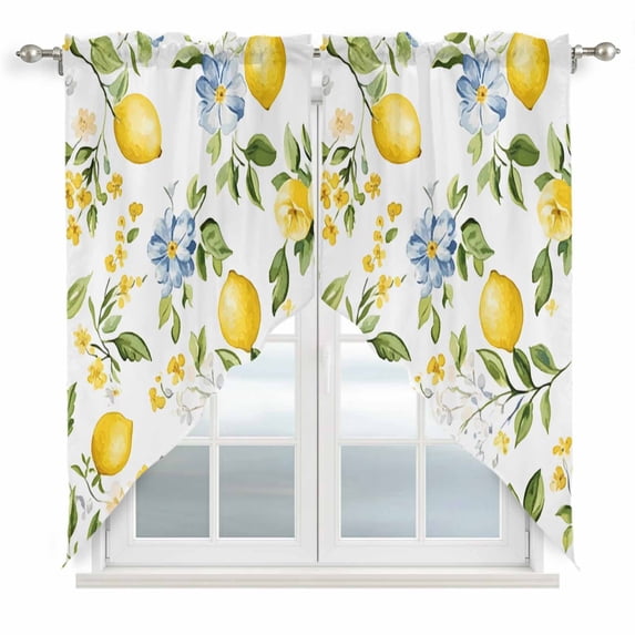 Summer Lemon Kitchen Window Curtains, Swag Curtains Valance for Bedroom Living Room Bathroom, Yellow Fruits Botanical Spring Floral Rod Pocket Window Treatment Curtain Block Drapes 2 Panels 28"x36"