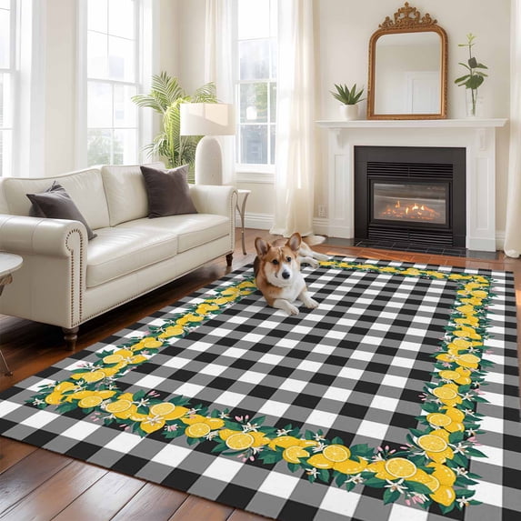 Summer Lemon Large Area Rugs 6x9 ft Floral Leaf Black White Buffalo Plaid Washable Rug Non Slip Indoor Carpet Absorbent Floor Mat for Living Room Bedroom Dining Room