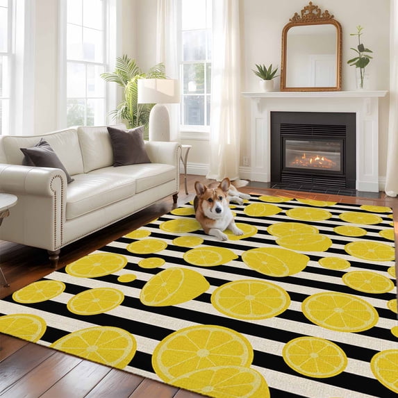 Summer Lemon Large Area Rugs 8x10 ft Black Stripes Vintage Country Linen Washable Rug Non Slip Indoor Carpet Absorbent Floor Mat for Living Room Bedroom Dining Room