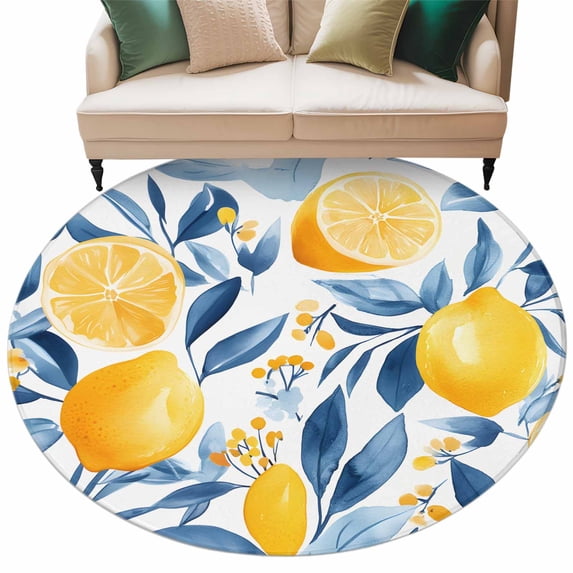 Summer Lemon Large Area Rugs for Bedroom Living Room, Soft Non Slip Carpet Bedside Rug, Spring Pastoral Watercolor Fruit Blue Yellow Round Floor Cover Kitchen Accent Rug 6' for Dining Room/Office