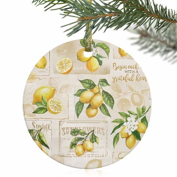Summer Lemon Leaf Flower Christmas Ceramic Ornament 2025,3" Round Xmas Tree Hanging Accessories with Gold Ribbon
